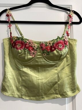 NWOT Princess Polly Light Green Satin Floral Appliqué Bustier Top